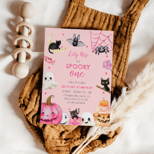 Spooky One Pink Halloween Cute Ghost 1st Birthday Invitation