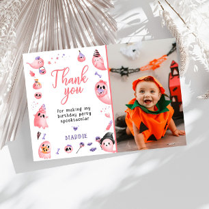Spooky One Pink Halloween Ghost 1st Photo Birthday Thank You Card