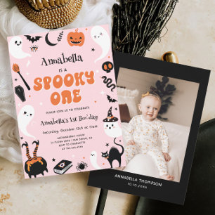 Spooky One Pink Halloween Photo 1st Birthday Invitation