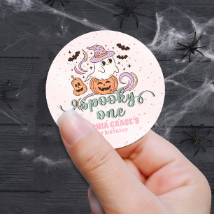 Spooky One Retro Ghost Halloween Birthday Party Classic Round Sticker