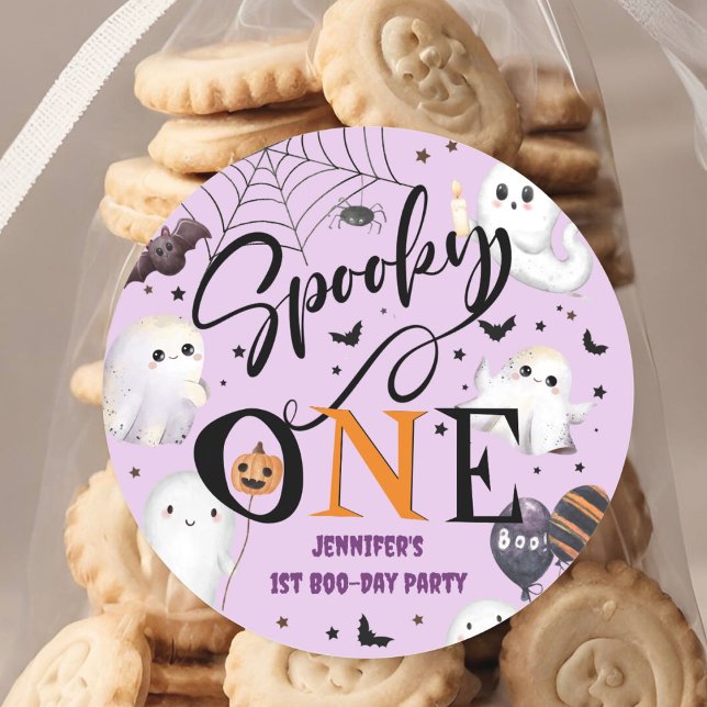 Spooky OnePurple Halloween 1st Birthday Party  Classic Round Sticker (Creator Uploaded)