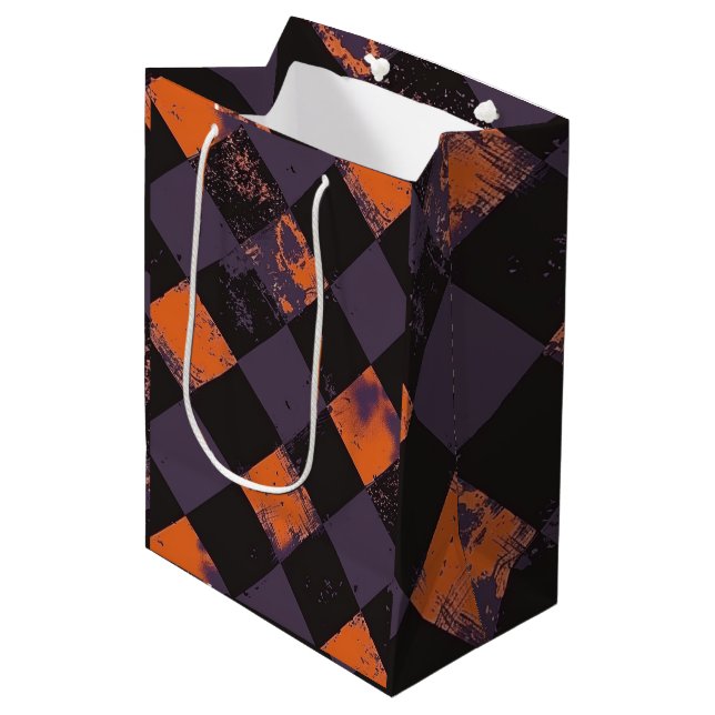 Spooky Orange and Black Chequered Halloween Patter Medium Gift Bag (Front Angled)