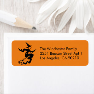 Spooky orange black flying witch Halloween address Return Address Label