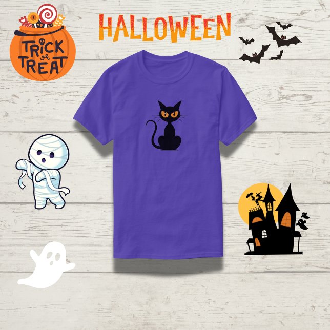Spooky Orange-Eyed Black Cat Halloween  T-Shirt (Creator Uploaded)