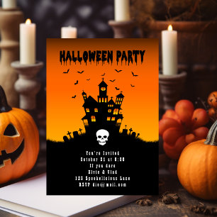 Spooky Orange Halloween Party House with Bats Invitation