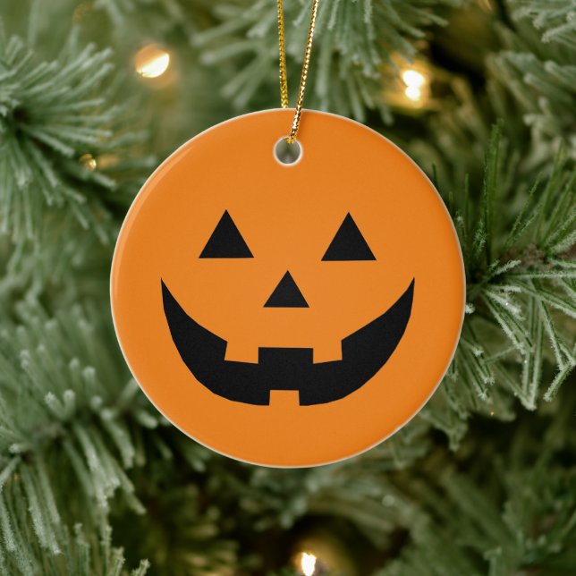 Spooky orange Jack o lantern pumpkin Halloween Ceramic Ornament (Tree)