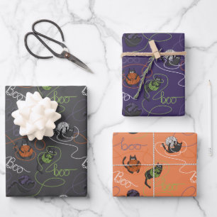Spooky Orange & Purple Boo-tifully Tangled Kittens Wrapping Paper Sheet