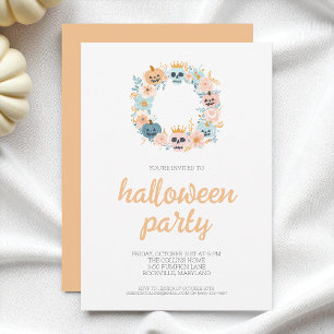 Spooky Orange Skull Floral Wreath Halloween Party Invitation