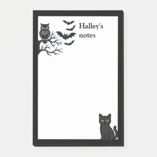 Spooky owl, bats and black cat post-it notes