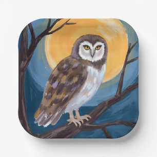 Spooky Owl Full Moon Happy Halloween Paper Plate