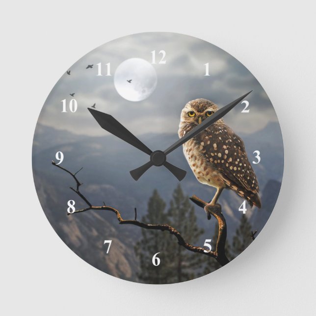 Spooky Owl Moon Graphic Round Clock (Front)