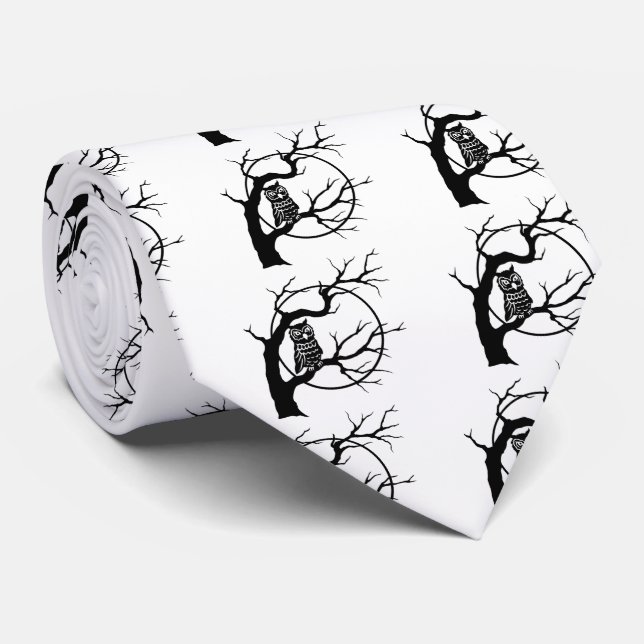 Spooky Owl on Bare Tree Silhouette Halloween  Tie (Rolled)