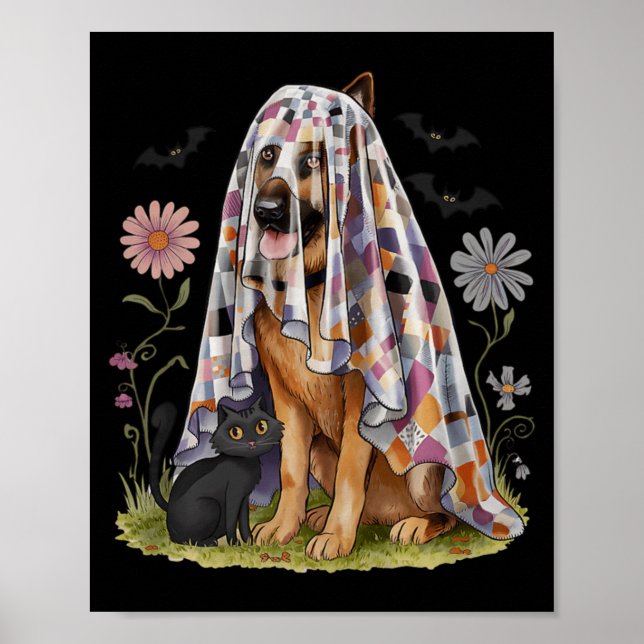 Spooky Patchwork Floral Ghost German Shepherd Dog Poster (Front)