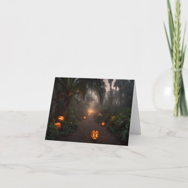 Spooky Pathway of Pumpkins & Palm Trees  Card (Front)