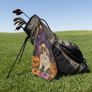 Spooky Pekingese Dog Halloween Witch And Pumpkin  Golf Towel