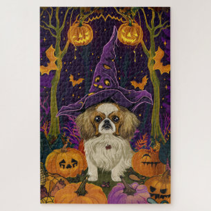 Spooky Pekingese Dog Halloween Witch And Pumpkin  Jigsaw Puzzle