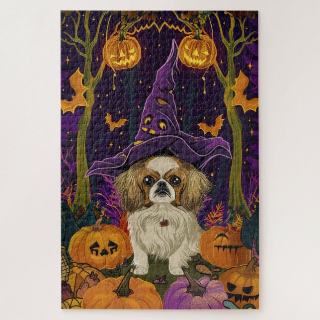 Spooky Pekingese Dog Halloween Witch And Pumpkin  Jigsaw Puzzle (Vertical)