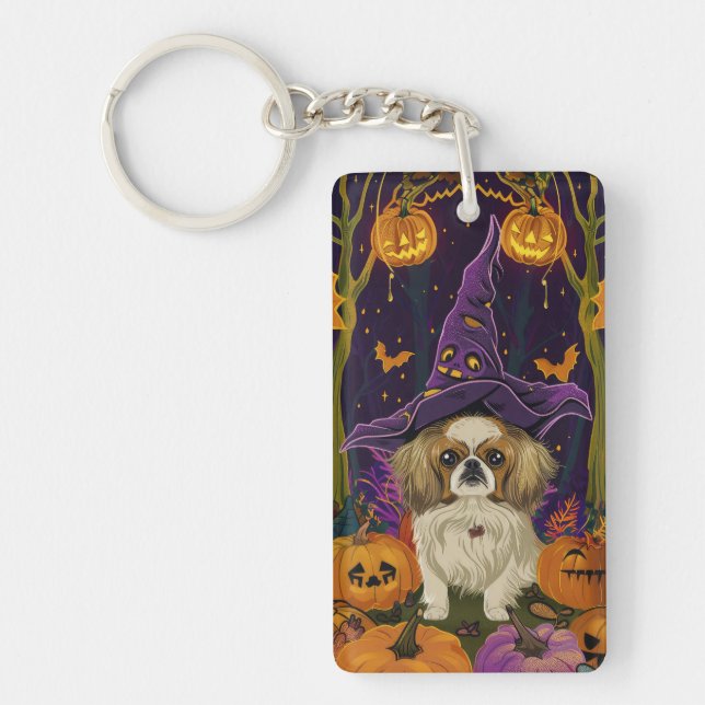 Spooky Pekingese Dog Halloween Witch And Pumpkin  Key Ring (Front)