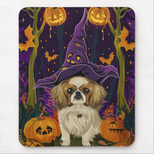 Spooky Pekingese Dog Halloween Witch And Pumpkin Mouse Pad