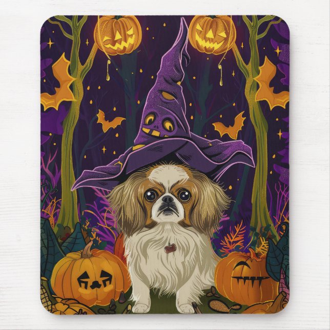 Spooky Pekingese Dog Halloween Witch And Pumpkin  Mouse Pad (Front)