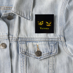 Spooky personalised creepy yellow pumpkin face 15 cm square badge