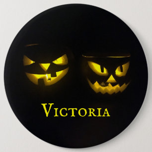 Spooky personalised yellow and black pumpkin face 6 cm round badge