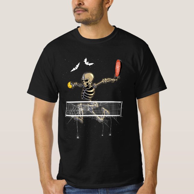 Spooky Pickleball Skeleton Player Fan Halloween Pi T-Shirt (Front)