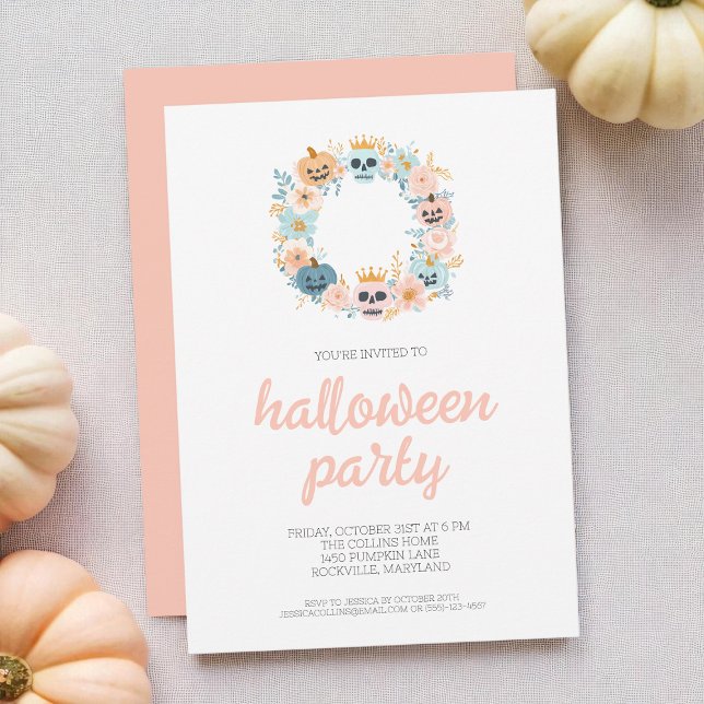 Spooky Pink Skull Floral Wreath Halloween Party Invitation (Spooky Pink Skull Floral Wreath Halloween Party Invitation)
