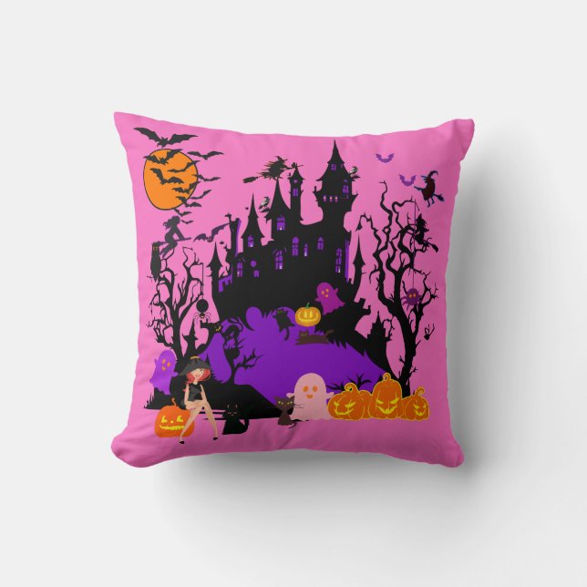 Spooky Pink Witch & Friends Cushion (Front)