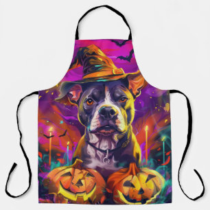 Spooky Pitbull Dog Halloween Witch And Pumpkin  Apron