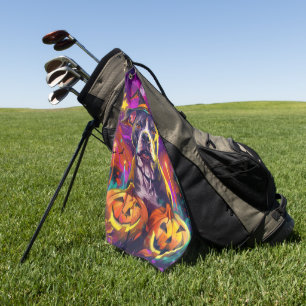 Spooky Pitbull Dog Halloween Witch And Pumpkin  Golf Towel