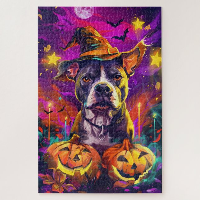 Spooky Pitbull Dog Halloween Witch And Pumpkin  Jigsaw Puzzle (Vertical)
