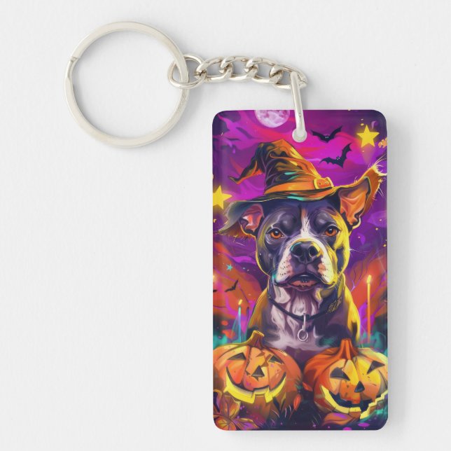 Spooky Pitbull Dog Halloween Witch And Pumpkin  Key Ring (Front)