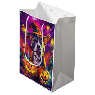 Spooky Pitbull Dog Halloween Witch And Pumpkin Medium Gift Bag
