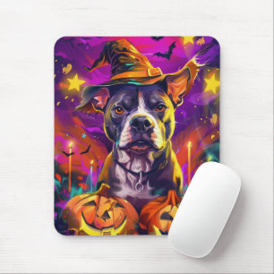 Spooky Pitbull Dog Halloween Witch And Pumpkin  Mouse Pad
