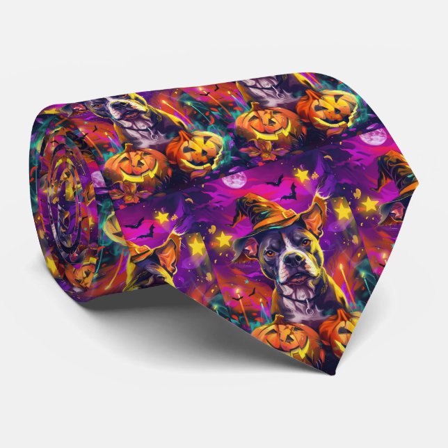 Spooky Pitbull Dog Halloween Witch And Pumpkin  Tie (Rolled)