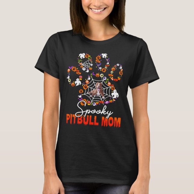 Spooky Pitbull Mum With Jack O Lantern &amp Cute D T-Shirt (Front)