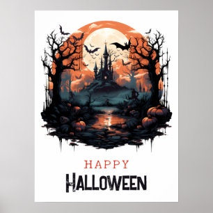 Spooky place, full moon, bats, haunted house poster
