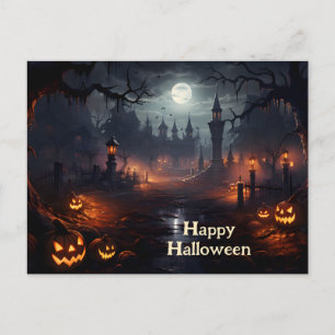 Spooky place, full moon, pumpkins, Halloween night Postcard