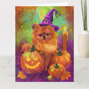 Spooky Pomeranian Dog Halloween Witch And Pumpkin Card