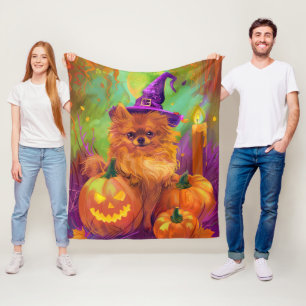 Spooky Pomeranian Dog Halloween Witch And Pumpkin Fleece Blanket