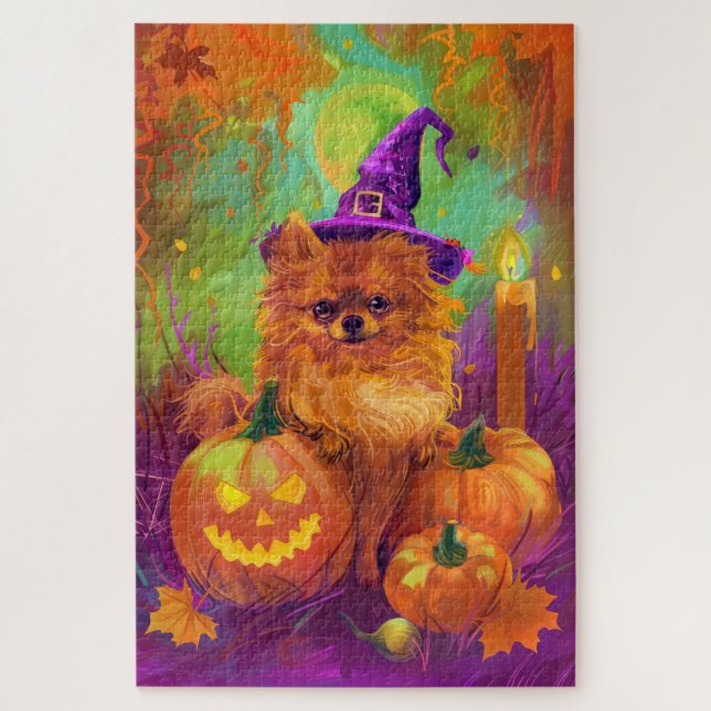 Spooky Pomeranian Dog Halloween Witch And Pumpkin Jigsaw Puzzle (Vertical)