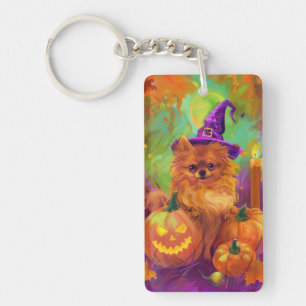 Spooky Pomeranian Dog Halloween Witch And Pumpkin Key Ring