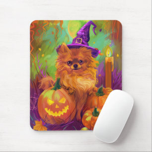 Spooky Pomeranian Dog Halloween Witch And Pumpkin Mouse Pad