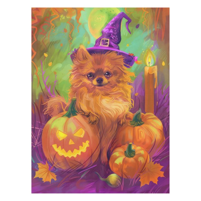 Spooky Pomeranian Dog Halloween Witch And Pumpkin Tablecloth (Front)