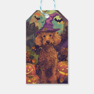 Spooky Poodle Dog Halloween Witch And Pumpkin Gift Tags