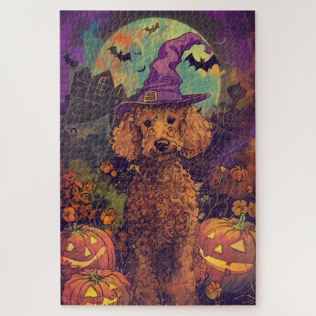 Spooky Poodle Dog Halloween Witch And Pumpkin Jigsaw Puzzle (Vertical)