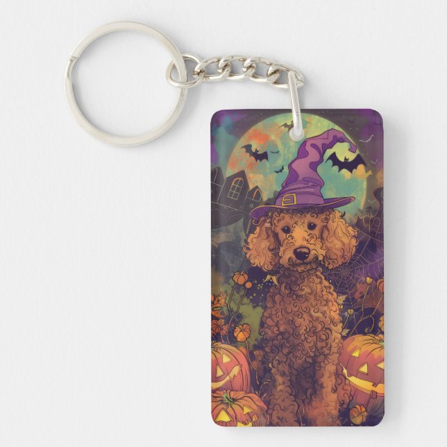 Spooky Poodle Dog Halloween Witch And Pumpkin Key Ring (Front)