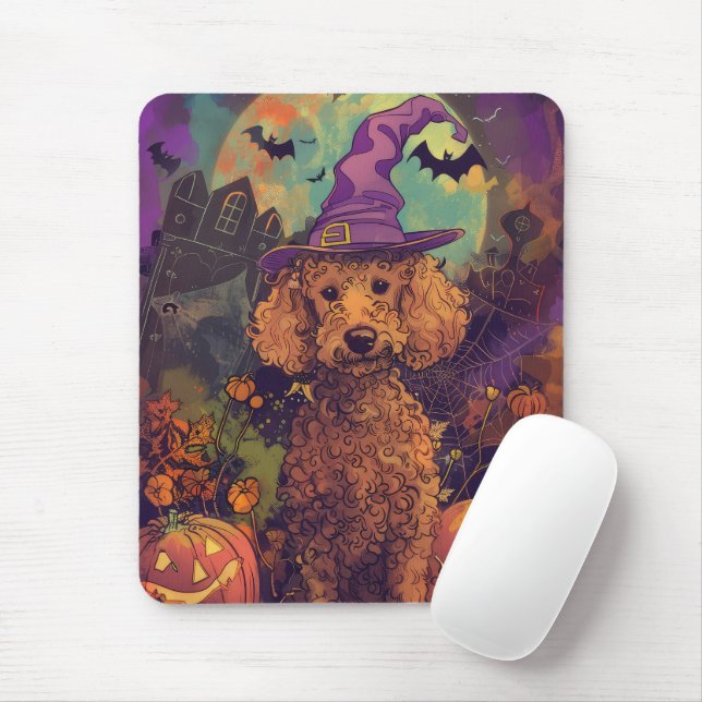 Spooky Poodle Dog Halloween Witch And Pumpkin Mouse Pad (With Mouse)