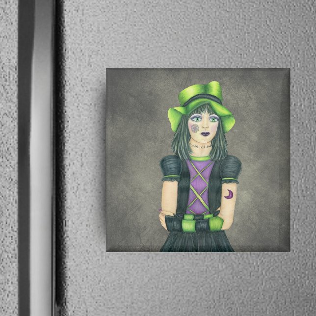 Spooky Pretty girl Green Hat Spiderweb Light Grey Magnet (Pretty spooky Gothic girl green hat black purple dress on greenish grey square magnet.)